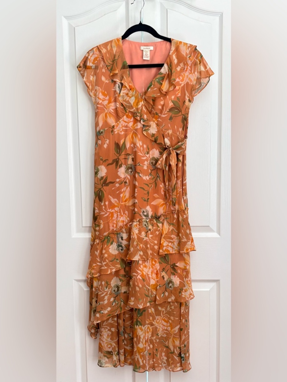 Sundance, Floral Ruffle Wrap Dress in Rust Orange, 4P - Picture 2 of 8